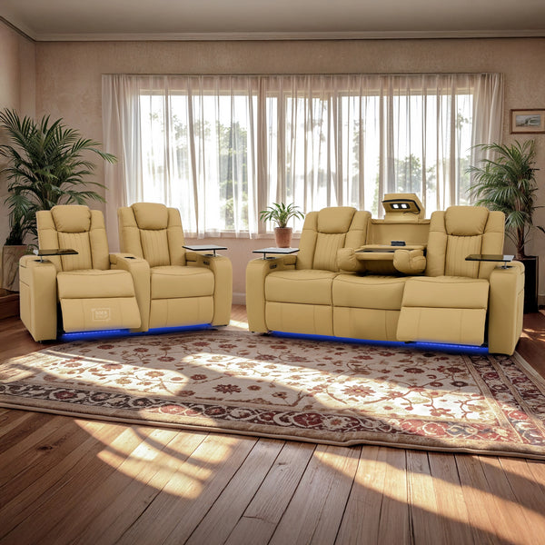 Real Leather 3+2 Smart Recliner Cinema Sofa Set in Tan | Power Reclining Sofa Suite with Drop-Down Table, Heating, Console, Massage, USB & LED | Capri