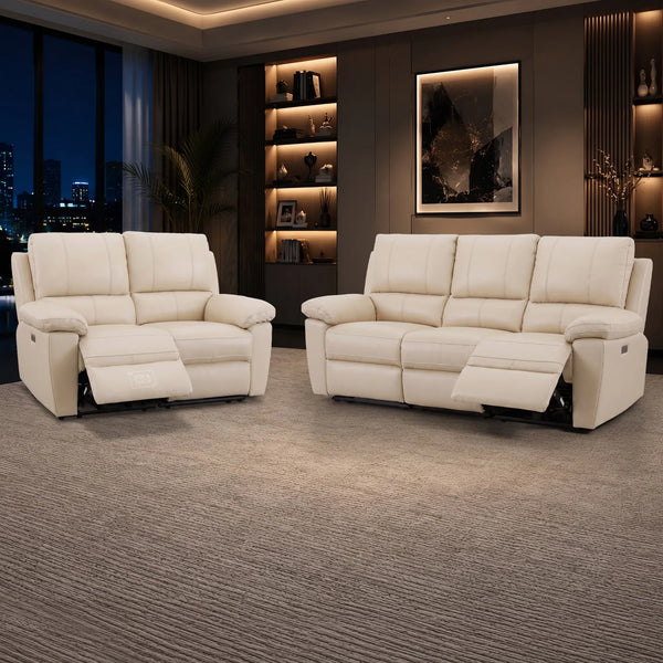3+2 Electric Recliner Sofa Set In Cream Real Leather | Recliner Sofa Package With Power Recline + Drop-Down Table + Cup Holders + USB-C Charging | Trento | The Sofa Shop