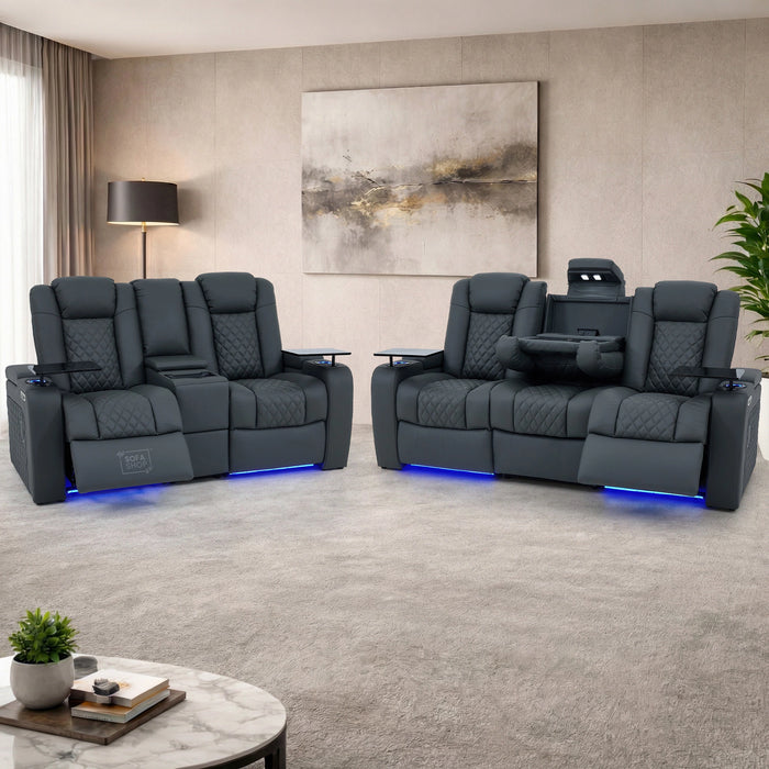 Real Leather 3+2 Cinema Sofa Set in Grey Electric Recliner Cinema Sofa | Hi-Tech Sofa Suite with Power Recline, Power Headrests, Wireless Charging, Heat & Cool Cupholders | Milano | The Sofa Shop