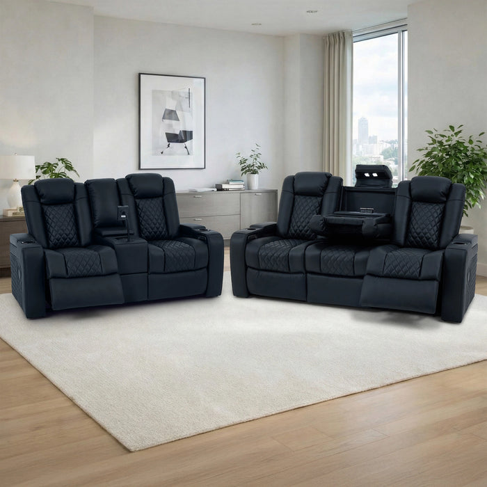 Real Leather 3+2 Cinema Sofa Set in Black | Electric Recliner Cinema Sofa Package | Power Lumbar + Wireless Charger + Adjustable Headrests + USB | Milano | The Sofa Shop
