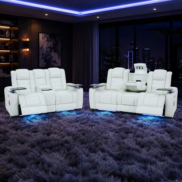 3+2 Seater White Real Leather Recliner Cinema Sofa | Hi-Tech Sofa Suite with Power Recline + Power Headrests + Wireless Charging + Bluetooth Speaker + Heat & Cool Cupholders | Napoli | The Sofa Shop