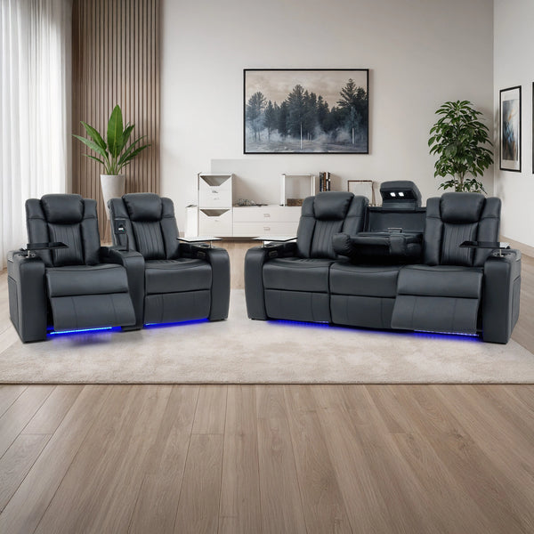 3+2 Modern Reclining Sofa Suite in Black Real Leather | Hi-Tech Sofa with Massage, Heated Lumbar, Wireless Charging, LED Lights & Removable Tables | Capri