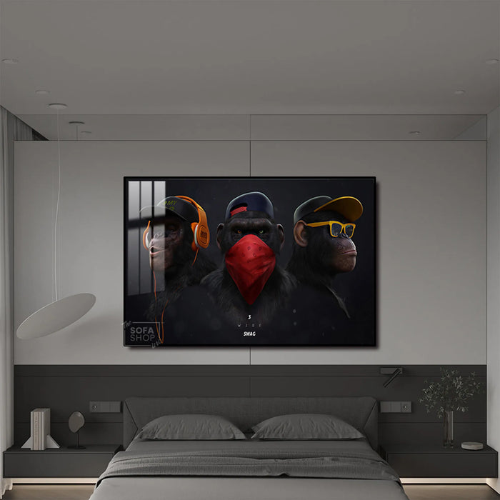 Urban Chimpanzee Trio LED Canvas 150 x 100 cm | Street-Style Monkey Wall Art With 3 Brightness Modes + Crystal-Porcelain Finish + Gold Or Black Frame | The Sofa Shop