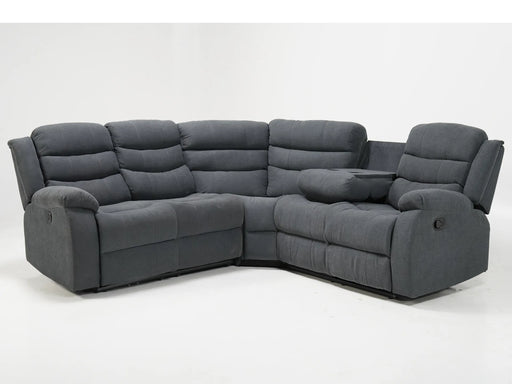 Electric Recliner Corner Sofa in Dark Grey Fabric with Drop-Down Table, USB Ports, and Cup Holders | Left-Hand Facing Piece is Electric, Right-Hand Facing Piece is Manual, Rip on LHF Side Panel Bottom | Sortino | Second Hand Sofa 96