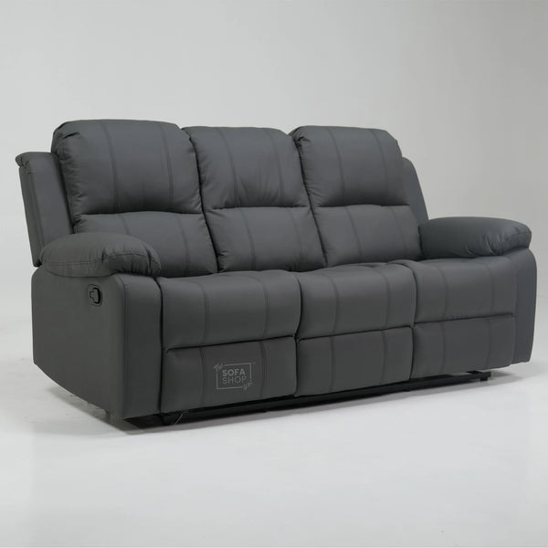3 Seater Manual Grey Leather Sofa With Drop-Down Table & Black Cup Holders |Glue Mark On RHF Seat | Trento | Second Hand Sofa 25