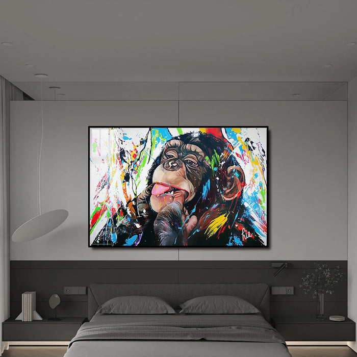 Colourful Chimp LED Canvas 150 x 100 cm | Graffiti Monkey Wall Art With Concealed LED Backlighting + Crystal-Porcelain Finish + Gold Or Black Frame | The Sofa Shop