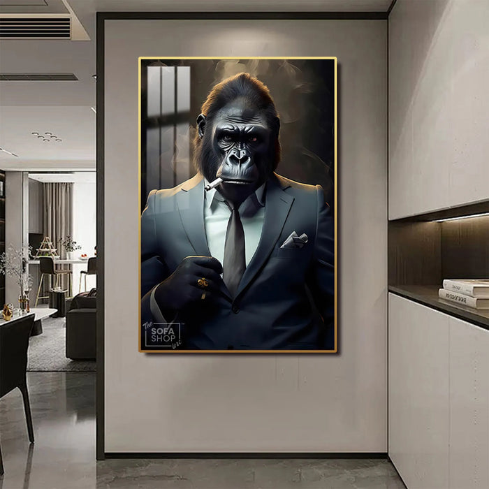 Smoking Gorilla King LED Canvas | Wall Art Painting in Gold/Black Frame Gorilla Portrait Wall Art, LED-Lit Crystal-Porcelain Painting | 100×150 cm | The Sofa Shop