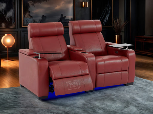 2 Seat Electric Recliner Home Cinema Theatre Sofa | Genuine Leather Couch in Red + Chilled Cupholders + Console + Power + USB + LED Lights | Rimini | The Sofa Shop