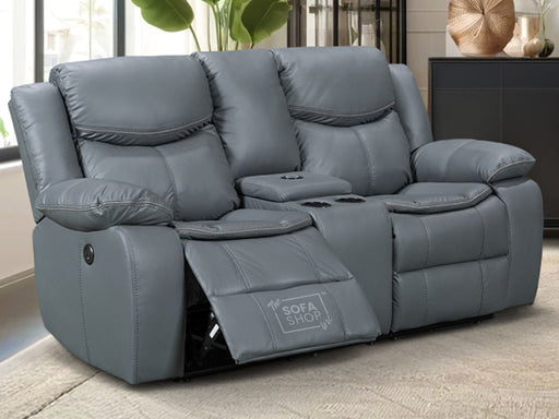 2 Seater Electric Recliner Sofa in Grey Leather with Console, Storage, Cup Holders & Wireless Charger - Highgate