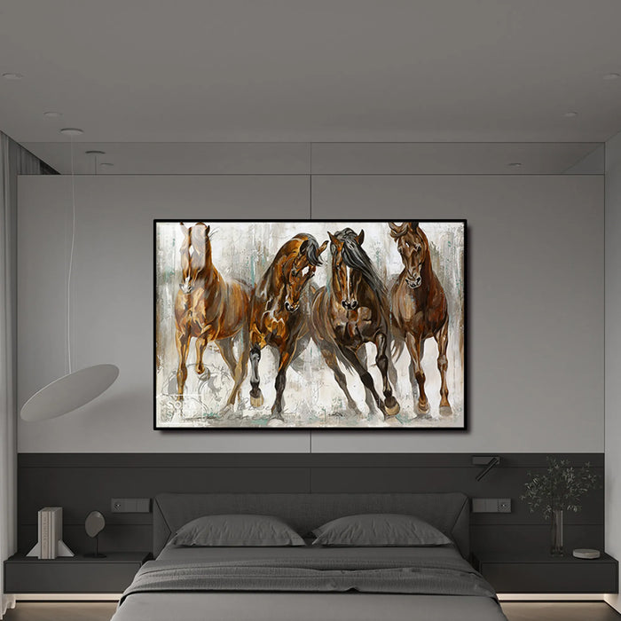 Abstract Horse Painting LED Canvas 150 x 100 cm | Equine Wall Art With Concealed LED Backlighting + Crystal-Porcelain Finish + Gold Aluminium Frame | The Sofa Shop