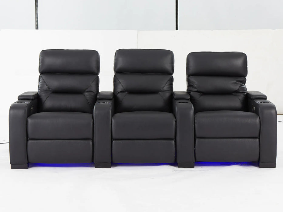 3 Seat Electric Recliner Home Cinema Theatre Sofa | Real Leather Couch in Black with Power Reclining, Power Headrests, LED Cup Holders & Storage Arms - 24