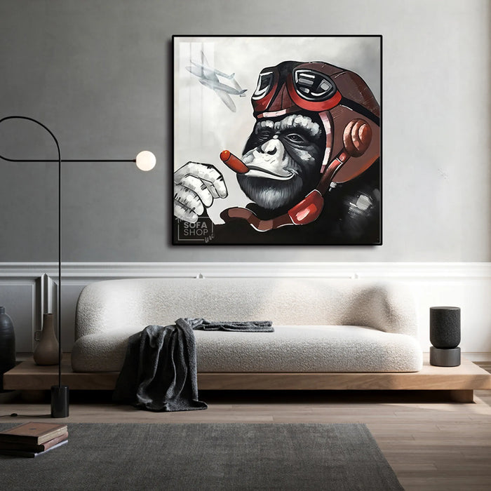 Monkey Pilot LED Canvas 100 x 100 cm | Retro Pop Wall Art With Remote-Controlled LED Frame + Crystal-Porcelain Finish + Gold Or Black Aluminium Frame | The Sofa Shop
