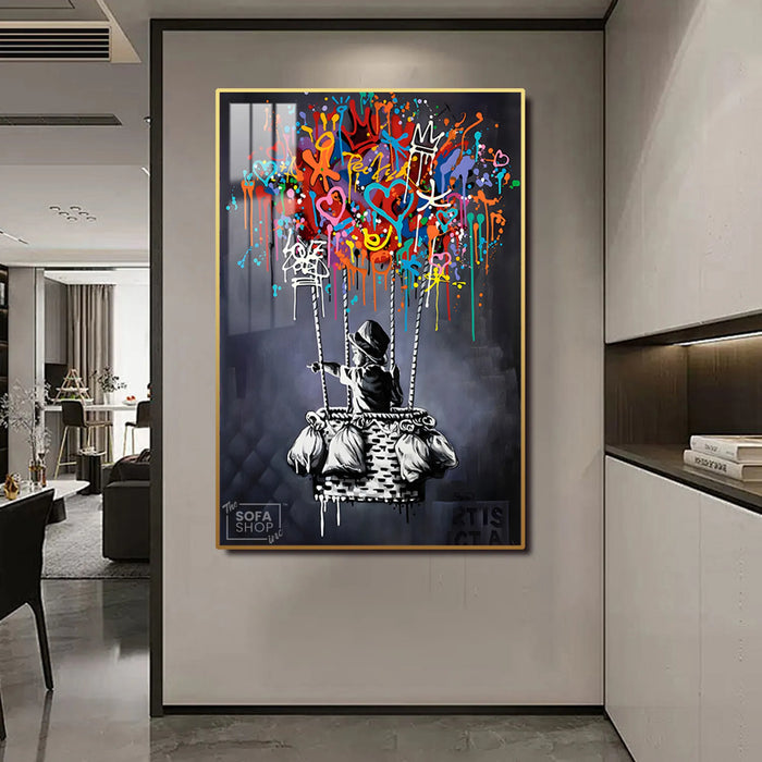 Dream Balloon LED Canvas 100 x 150 cm Vertical | Graffiti Hot Air Balloon Wall Art With Adjustable LED Glow + Crystal-Porcelain Finish + Gold Or Black Frame | The Sofa Shop