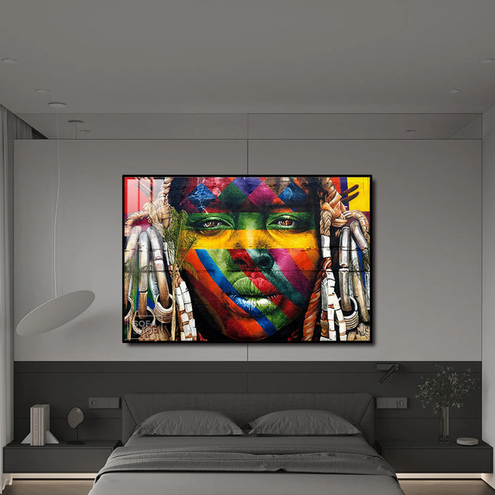 LED-Enhanced African Woman Portrait Canvas | Horizontal LED Canvas 150×100 cm | Crystal-Porcelain Horizontal Painting, Gold / Black Frame | The Sofa Shop