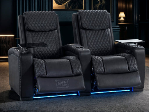 2 Seat Electric Recliner Home Cinema Theatre Sofa | Genuine Leather Couch In Black + Power Headrests + USB + LED Lights + Table | Torino | The Sofa Shop