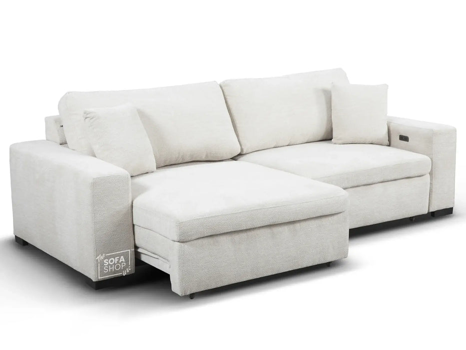 Extendable Electric Sofa - Bed in Cream Chenille Fabric | 3 Seater Power Sliding Couch Perfect for Home Cinema & Movie Nights  | USBc Charging Ports | Palma