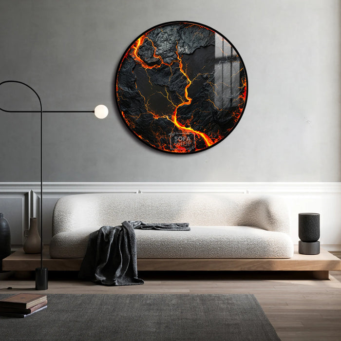 Volcanic Wall Art Round LED Canvas 100 cm | Lava-Inspired Feature Piece With Flickering LED Glow + Remote Control + Crystal-Porcelain Gloss + Gold Or Black Frame | The Sofa Shop