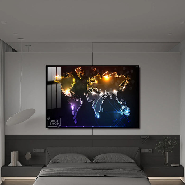 Illuminated World Map LED Canvas 150 x 100 cm | Neon Map Wall Art With Adjustable LED Backlighting + Crystal-Porcelain Finish + Gold Or Black Frame | The Sofa Shop