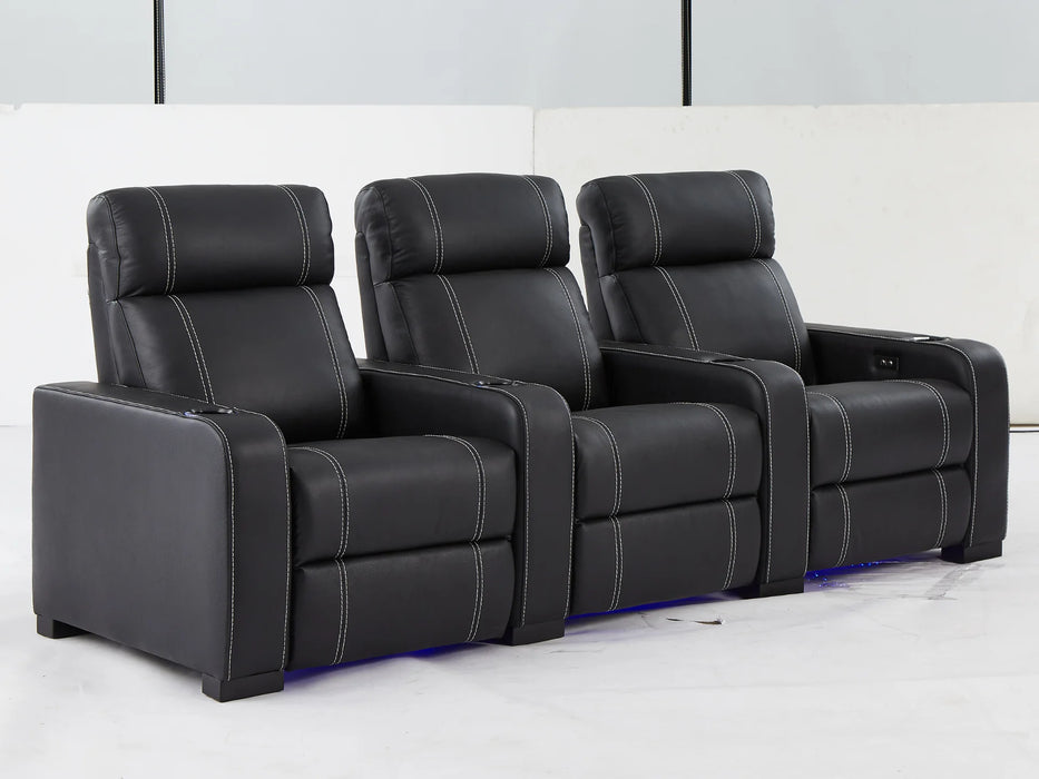 3 Seater Reclining Home Theatre Sofa | Black Real Leather Electric Seats With Arm Storage, LED, USB & Cup Holders | Catania | The Sofa Shop - 30