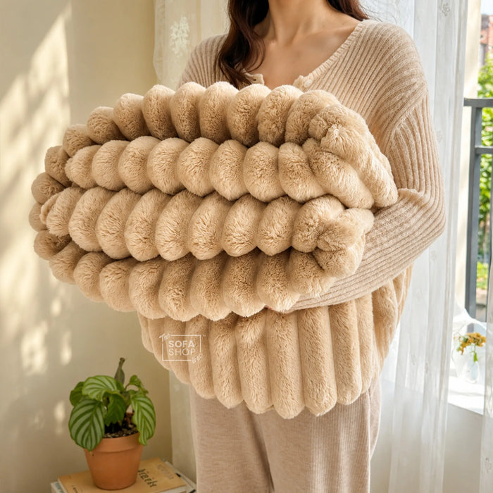 Chic Khaki Flannel Plush Blanket 150 x 200cm | Fluffy Warm Cosy Throw with Ultra-Soft Fleece + Machine Washable Care | Boston | Bed Sofa Couch Blanket | The Sofa Shop
