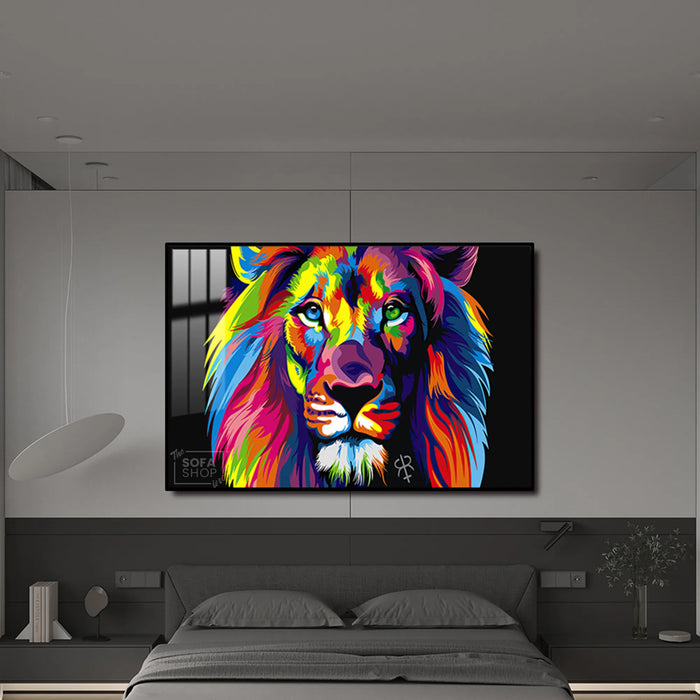 Colourful Lion Painting LED Canvas 150 x 100 cm | Pop Art Wall Art With 3 Brightness Modes + Remote Control + Crystal-Porcelain Finish + Gold Or Black Frame | The Sofa Shop