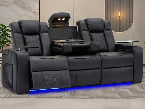 3 Seater Real Leather Cinema Recliner Sofa in Black | Electric Couch with Power Plug Sockets, Cup Holders & Reading Lamps | Capri | Sofa Shop