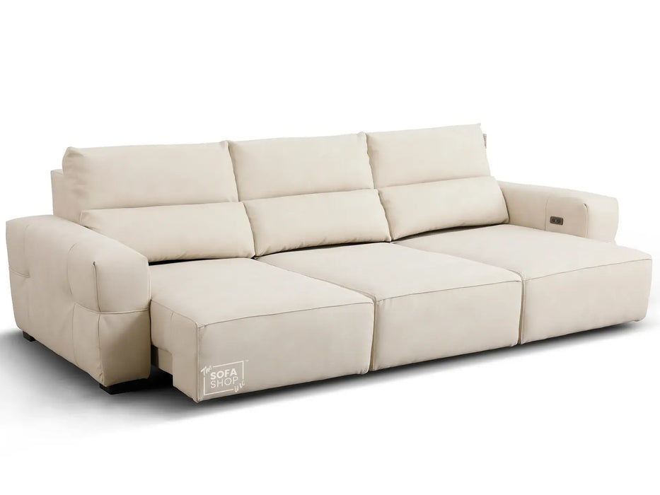 Extendable Electric Sofa - Bed in Cream Resillience Fabric | 3 Seater Smart Power Sliding Couch for Home Theatre Seating | USBc Ports | Murcia