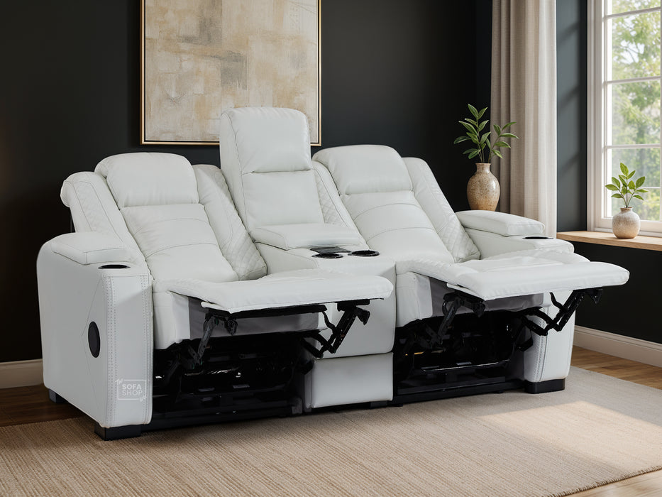 2 Seat Real Leather Electric Recliner Home Cinema Theatre Sofa | Couch In White + Cooling Cup Holders + Power Headrest + Bluetooth Speaker + Storage - Napoli Series One