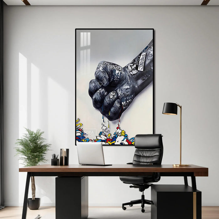 Graffiti Fist LED Canvas 100 x 150 cm Vertical | Urban Street Art With Adjustable LED Backlighting + Crystal-Porcelain Finish + Gold Or Black Aluminium Frame | The Sofa Shop