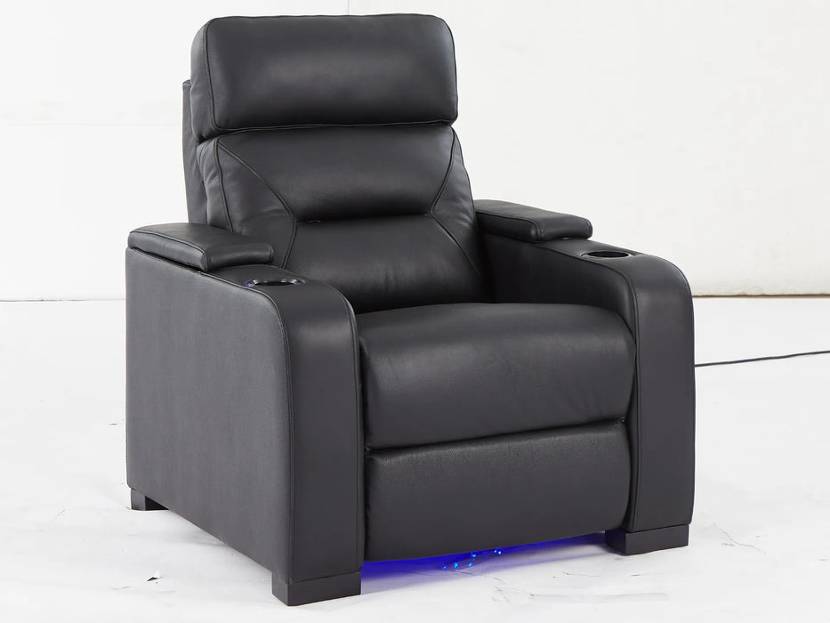 1 Seat Electric Recliner Chair Home Cinema Sofa | Real Leather Chair in Black with Power Headrest + LED Cup Holders + Storage - Trapani - 25