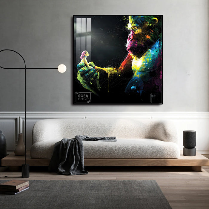Gorilla Canvas Wall Art LED 100 x 100 cm | Emotional Street-Style Print With Bold Detail + Remote-Controlled LED Frame + Crystal-Porcelain Finish + Gold Or Black Frame | The Sofa Shop
