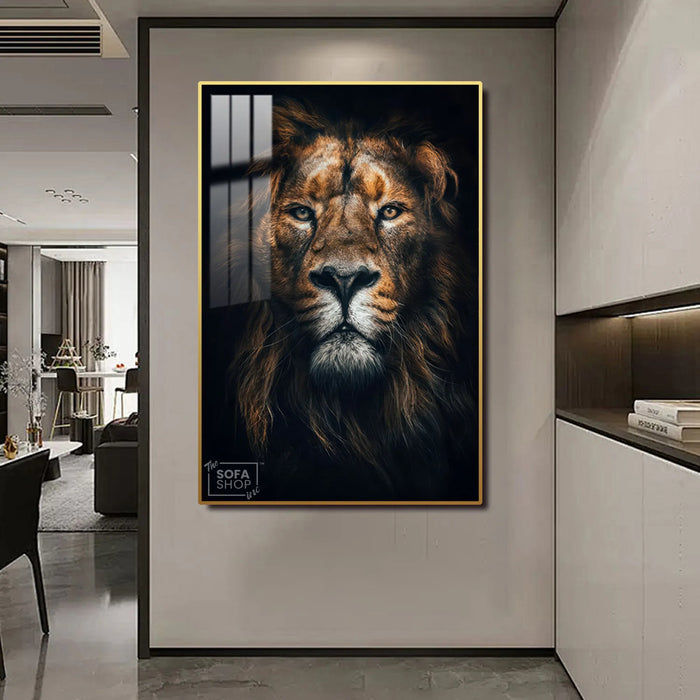 Majestic Lion LED Canvas 100 x 150 cm Vertical | Hyperrealistic Lion Head Portrait With Adjustable LED Backlighting + Crystal-Porcelain Finish + Gold Or Black Frame | The Sofa Shop