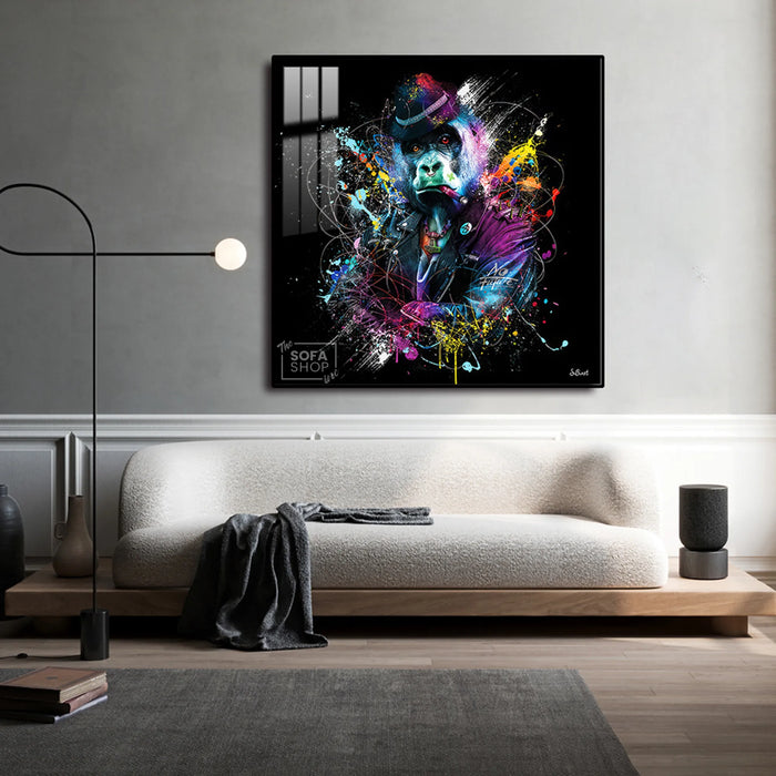 Gorilla Wall Art LED Canvas 100 x 100 cm | Street-Style Print With Bold Colour Splashes + Remote-Controlled LED Frame + Crystal-Porcelain Finish + Gold Or Black Frame | The Sofa Shop