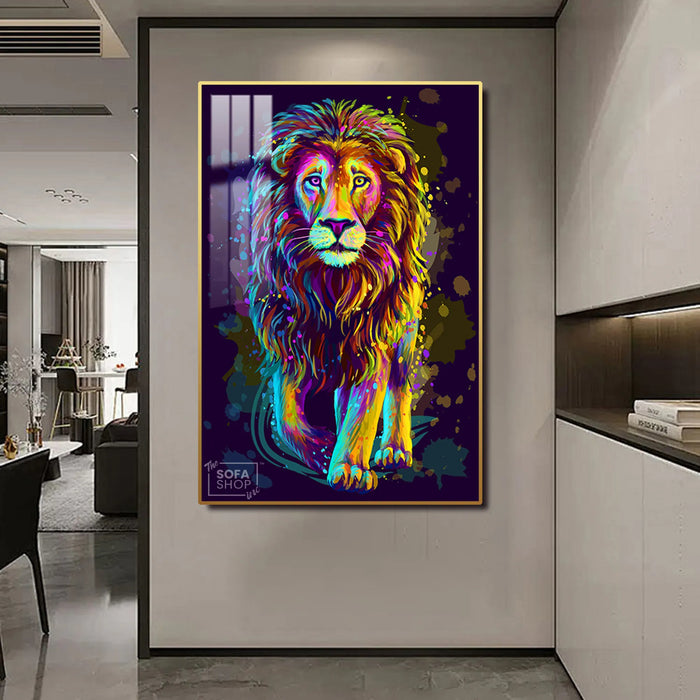 Colourful Lion LED Canvas 100 x 150 cm Vertical | Pop Art Wall Art With White Halo Glow + Remote & Plug Control + Crystal-Porcelain Finish + Gold Or Black Alloy Frame | The Sofa Shop