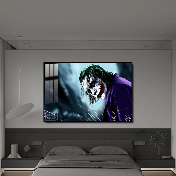 LED Joker Portrait Canvas 150 x 100 cm | Glow In The Dark Wall Art With 3 Lighting Modes + Crystal-Porcelain Finish + Gold Or Black Aluminium Frame | The Sofa Shop