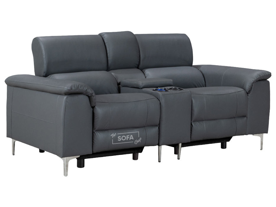2 Seater Grey Leather Electric Recliner Sofa with Cup Holders, Storage - Solero