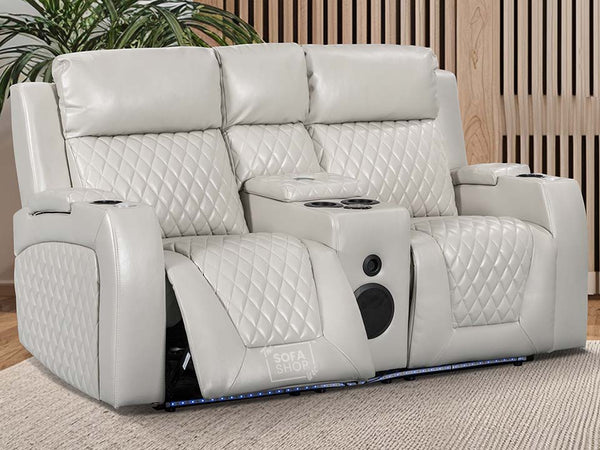 2 Seater Smart Electric Recliner Hi-Tech Cinema Sofa in Light Beige Leather with USB Ports, Cup Holders, Speakers & Massage - Venice Series One