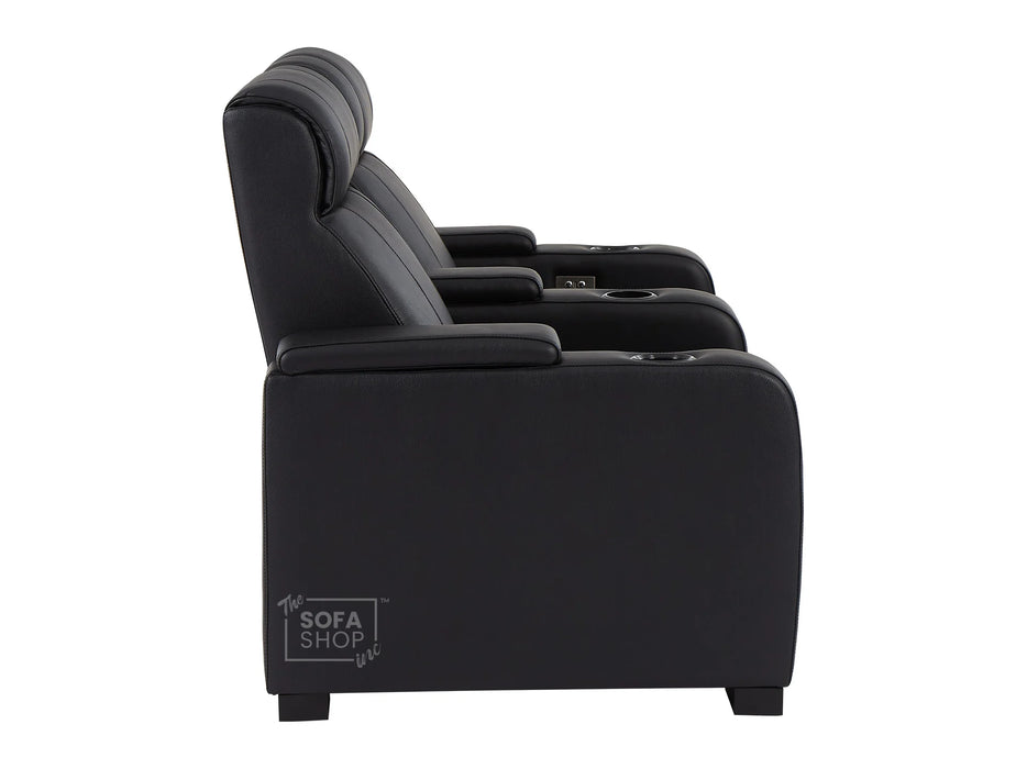 2 Seater Electric Recliner Sofa & Cinema Seats in Black Real Leather With Chilled Cupholders,  Console, Storage Boxes - Rimini