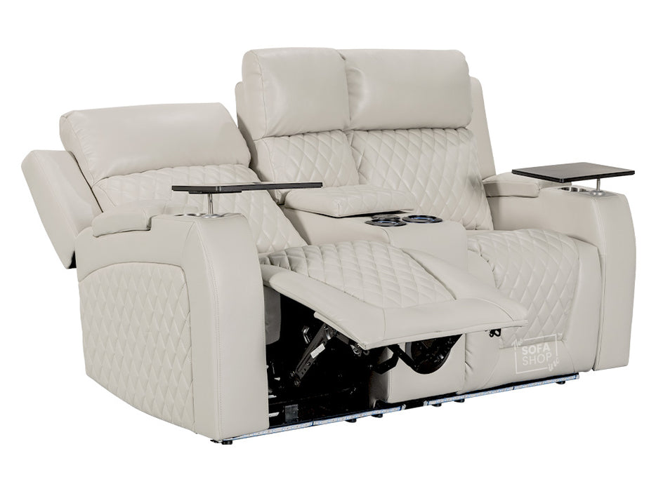 2 Seater Smart Electric Recliner Hi-Tech Cinema Sofa in Light Beige Leather with USB Ports, Cup Holders, Speakers & Massage - Venice Series One