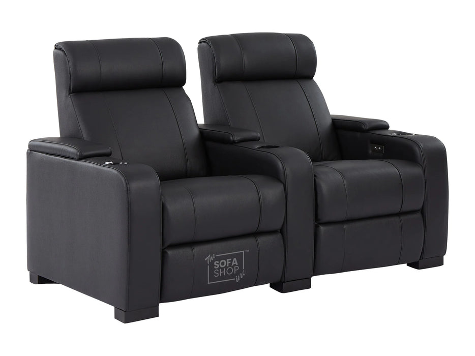 3 2 Electric Recliner Sofa Set in Black Real Leather 2 Piece Cinema Sofa with USB Ports, Chilled Cupholders & Storage Boxes - Rimini