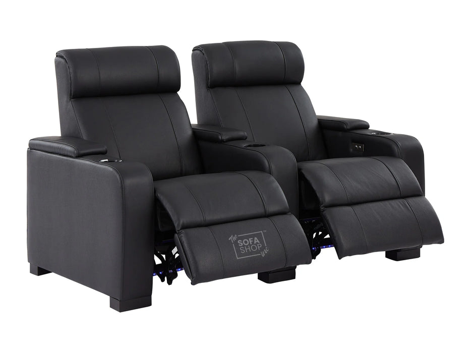 3 2 Electric Recliner Sofa Set in Black Real Leather 2 Piece Cinema Sofa with USB Ports, Chilled Cupholders & Storage Boxes - Rimini