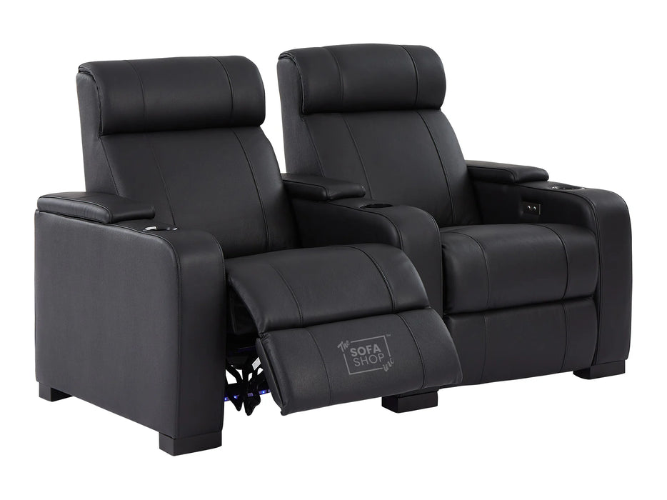 3 2 Electric Recliner Sofa Set in Black Real Leather 2 Piece Cinema Sofa with USB Ports, Chilled Cupholders & Storage Boxes - Rimini