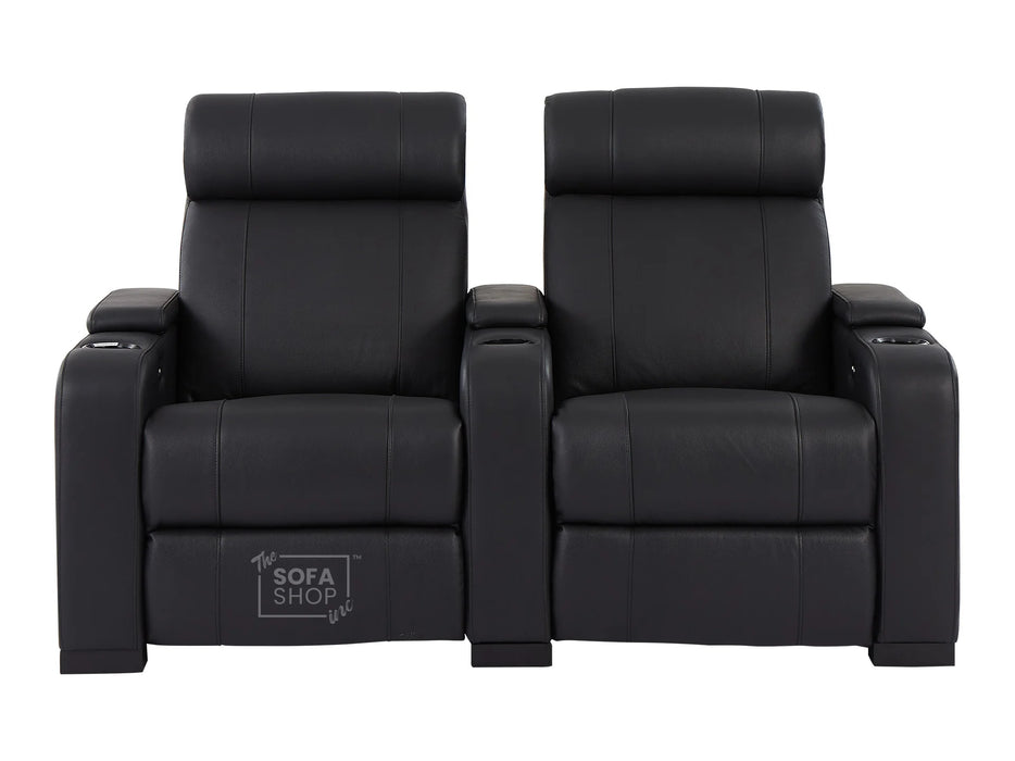 2 Seater Electric Recliner Sofa & Cinema Seats in Black Real Leather With Chilled Cupholders,  Console, Storage Boxes - Rimini