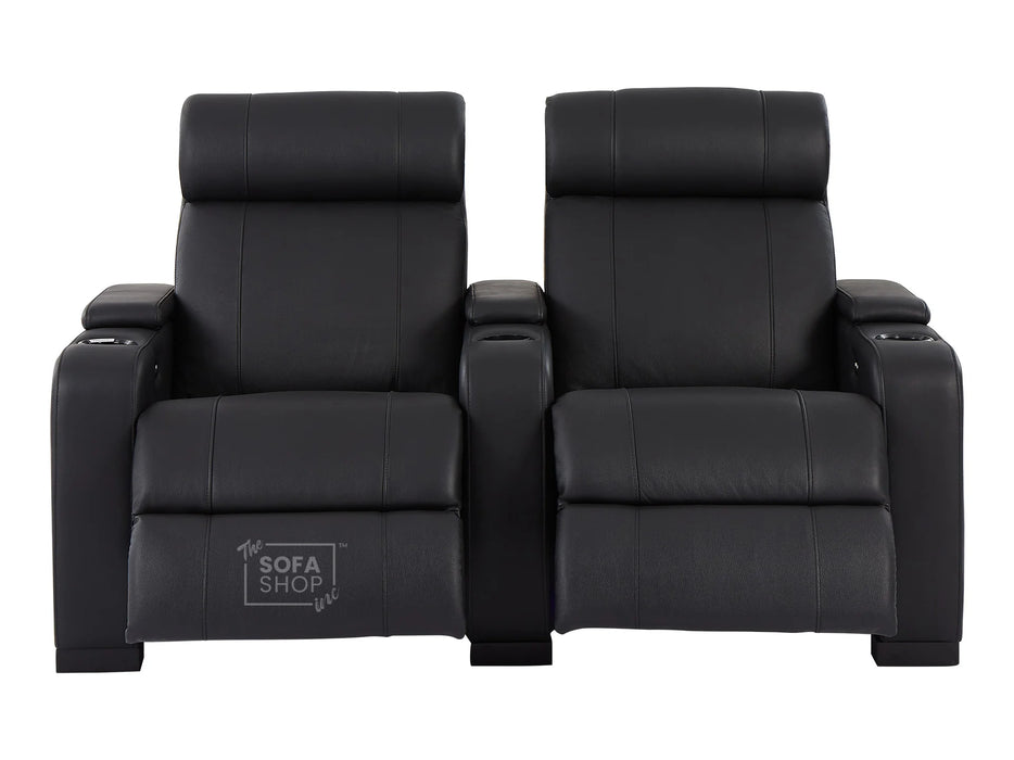 2 Seater Electric Recliner Sofa & Cinema Seats in Black Real Leather With Chilled Cupholders,  Console, Storage Boxes - Rimini