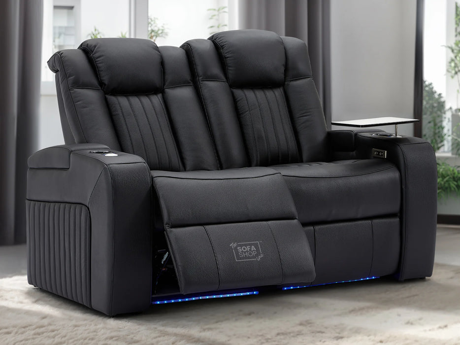 2 Seater Reclining Sofa in Leather with Storage Boxes & USB, Cupholders & Massage for Ultimate Comfort | Black Leather Aire | Capri | The Sofa Shop