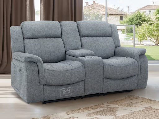 2 Seater Electric Recliner Sofa in Grey Fabric with Storage, Silver Cup Holders & USB Ports - Linden