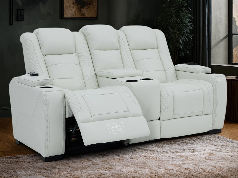 2 Seater White Genuine Leather Electric Recliner Cinema Sofa | Massage, Cooling Cupholders & Central Console | Napoli | The Sofa Shop