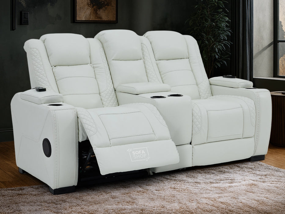 2 Seater White Genuine Leather Electric Recliner Cinema Sofa | Massage, Cooling Cupholders & Central Console | Napoli | The Sofa Shop