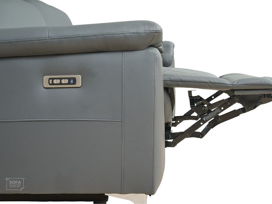 3 Seater Grey Leather Electric Recliner Sofa with Adjustable Headrest & USB Ports - Solero