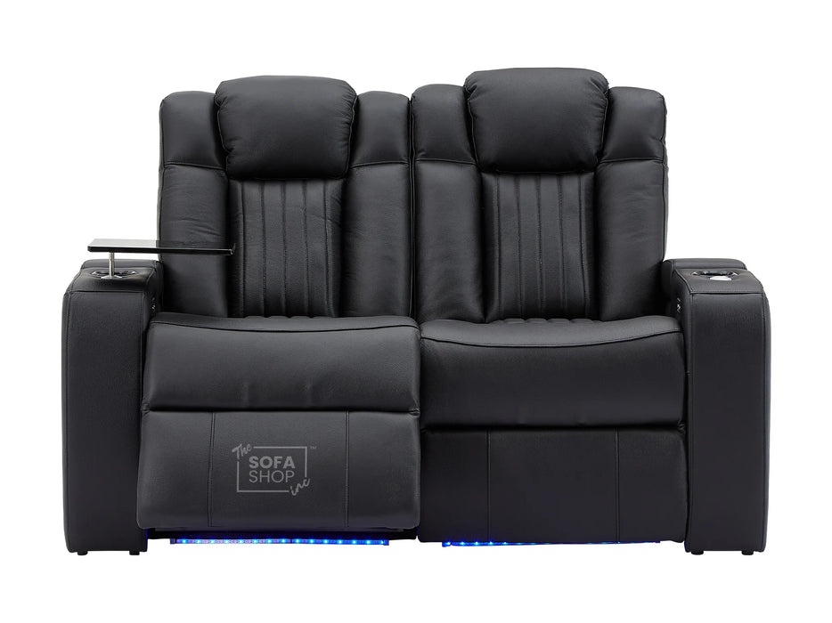 2 Seater Electric Recliner Smart Cinema Sofa in Black Real Leather with Power, Massage, Console, and Adjustable Headrest- Capri